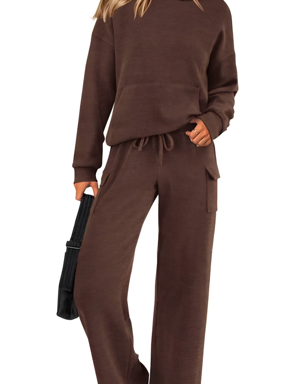 Cherish Chocolate Brown Fleece Cargo Track Lounge Wear Pants Set #0267